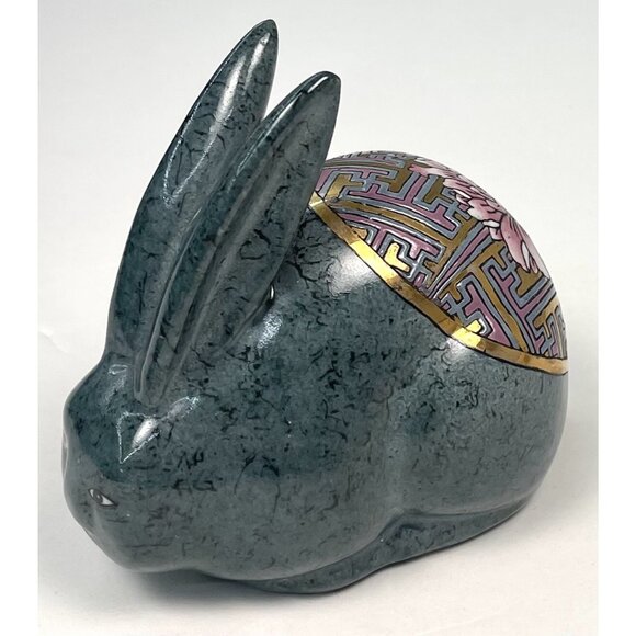 VTG 5" Porcelain Hand Painted Cloisonne Bunny RABBIT FIGURINE Teal Macau EUC - Picture 1 of 5